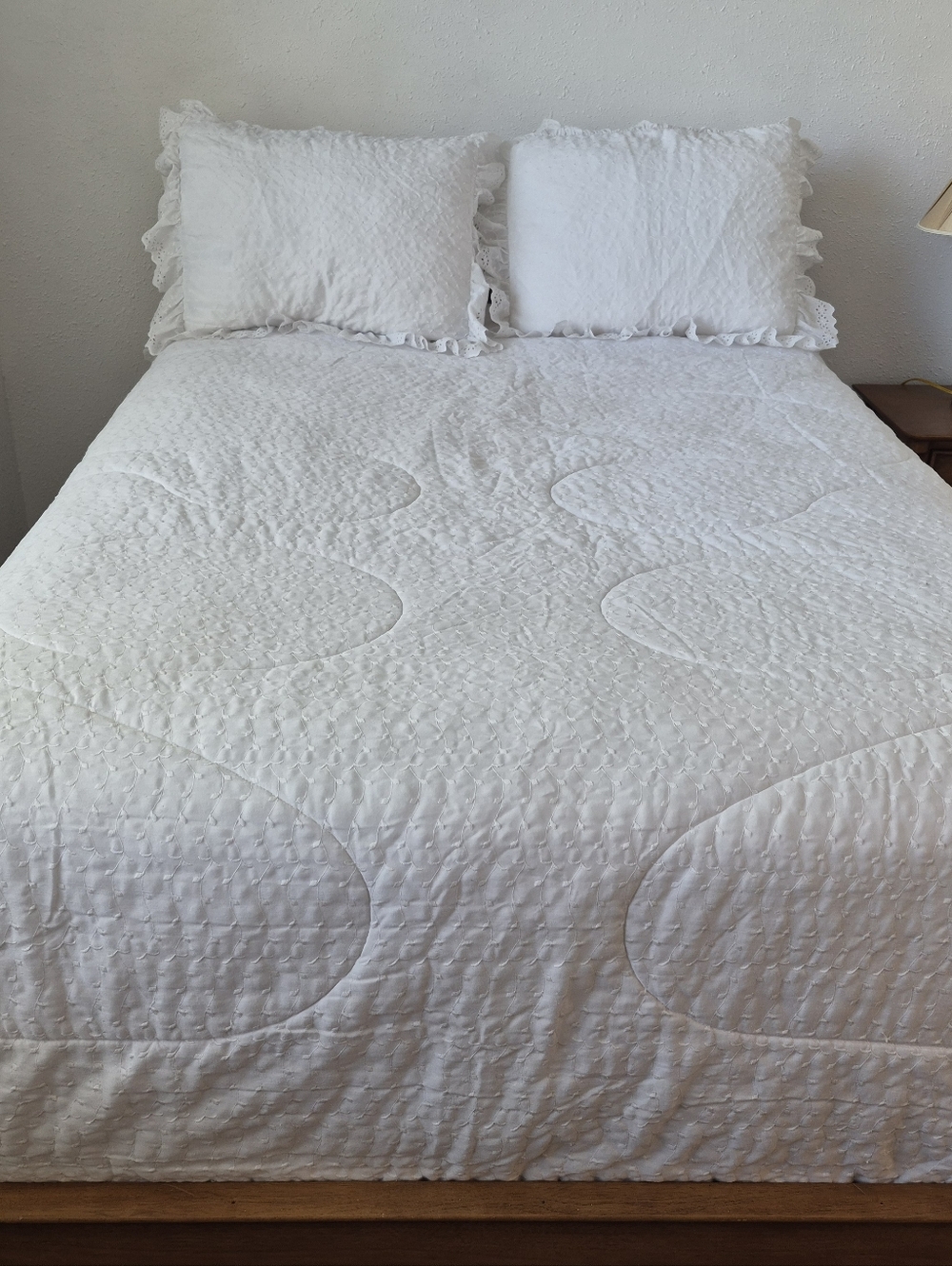 White Quilted Bedding Set with Ruffle Pillow Shams